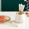 Juego Premium de Tenedor y Cuchara para Fruta con Tarro de Cerámica Martillada para Almacenamiento, Palillos para Fruta de Acero Inoxidable para el Hogar, Tenedores para Postre al por Mayor