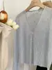 Cardigã de tricô de seda gelada azul, fino, de manga comprida, para mulheres, peça externa de primavera, xale de proteção solar, blusa para cobrir do ar condicionado