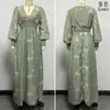 Nuevo vestido de noche estilo europeo y americano con cuello en V, de malla, manga larga, estampado floral, ceñido a la cintura y con falda amplia para comercio exterior transfronterizo