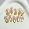 Uñas Amarillas Cat-Eye Postizas, Puntas de Uñas Cortas en Forma de Almendra, Diseños de Uñas Largas Terminados