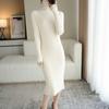 Vestido largo de cuello alto por encima de la rodilla de corte ajustado para mujer, de mezcla de lana, con falda tipo suéter de punto de color liso a la cadera, prenda exterior