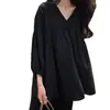 Blusa coreana chique estilo boneca com mangas de três quartos, camisa de gola V para mulheres, versão coreana 2026 blusa básica solta bufante