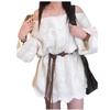 Vestido Suéter de Punto con Encaje de un Hombro Estilo Perezoso Blanco Otoño 2026 para Mujer, Vestido Corto Suelto Suave y Delicado con Lazo