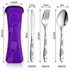 Set de cubiertos de acero inoxidable de tres piezas para Amazon, que incluye cuchillo para bistec, tenedor y cuchara, en una bolsa de tela creativa, adecuado para estudiantes y uso al aire libre