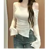 Camiseta Sexy Plus Size de Manga Longa com Fenda e Ombro a Ombro para Mulheres 2025 Outono Inicial Nova Slim Slim Moda Top de Ombro Direito Ins