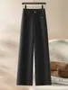 Calça de terno feminina em mistura de lã, espessada para aquecimento no outono e inverno, cintura alta, estilo wide leg, nova coleção 2025, calça casual de corte reto