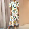 Moda Feminina Nova Outono 2026 Europeia e Americana Transfronteiriça Vestido Elegante Casual Gola Redonda Estampado Longo