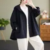 Foto real de jaqueta com capuz nova para mulheres, top feminino para início de outono, algodão patchwork casual retrô cáqui solto, vestuário feminino