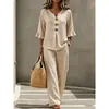 Nuevo conjunto de dos piezas para mujer de comercio exterior transfronterizo, estilo europeo y americano casual, con volantes, manga tres cuartos, botones y cuello en V, top y pantalones largos