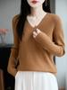 25 Años Principios de Otoño Nuevo Andy Terciopelo Cuello en V Tejido de Punto Manga Larga Mujer Color Puro Raya de Canalé Holgado Suéter Camiseta de Base Top