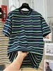 Camiseta Holgada Casual de Manga Corta a Rayas Bloque de Color Diseño de Nicho Estilo Coreano Talla Grande para Mujer 150kg