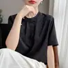 Primavera/Verão 2026 Novo Estilo Novo Estilo Chinês Cetim Sedoso Gola Redonda Manga Curta Jacquard Solto Pulôver Camiseta Top