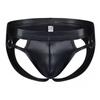 Cueca Masculina Yezi Mei em Couro PU Patente, Sexy com Abertura no Gancho, Design Vazado com Borda Larga e Argola de Metal