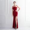 19281# Nuevo vestido de novia brindis largo sin tirantes, vestido de fiesta de agradecimiento con plumas y cola de pez, vestido de exhibición de modelos de autos de boda