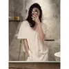 Camiseta blanca holgada de manga corta estilo coreano para mujer, cuello en U grande, fina, adelgazante, de color liso, combina con todo.