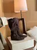 Tacón Grueso Gamuza Marrón Botas Largas Slim Botas de Mujer 2025 Nuevo Otoño e Invierno Punta Cuadrada Botas de Pila Botas de Caballero
