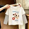 Blusa listrada de algodão puro para meninas, um novo estilo primavera/outono, disponível nos tamanhos médio e grande, camiseta de manga comprida para crianças, camiseta de bebê da moda