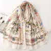 Bufanda floral y de pájaros de estilo pastoral francés con tacto de algodón y lino, bufanda larga de estilo bosque vintage, chal de playa para vacaciones para mujer