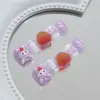 Uñas postizas de corazón esmerilado color taro a cuadros de dibujos animados con lazo, juguetonas y dulces, extraíbles, para manicura infantil