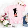 Camiseta rosa niña letra flor linda estilo ins dulce top manga corta creativa verano 2022 transfronterizo