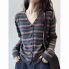 Cardigan de Tricô Listrado com Decote V Color Block Retrô Estilo Coreano 2026 Outono/Inverno Novo Peça Solta Versátil para Mulheres