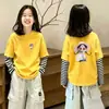 Ropa para niños mediana y grande camiseta de manga larga de algodón puro niña otoño rayas retazos capa base camisa ropa de otoño para niños imitación dos piezas