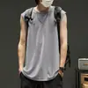 Colete de Seda de Gelo Algodão de Fibra Longa Masculino Gola Redonda Tendência Algodão Fino Cor Sólida Solto Pulôver Casual Verão