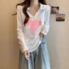 Camiseta Polo Gola Coração Outono Inverno Plus Size Feminina, Estilo Coreano, Design Solto, Estampa de Letras, Blusa Longa Emagrecedora