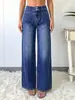 Yt06 Calça Jeans Feminina Nova Retrô Solta de Cintura Alta com Patchwork Plissado Azul Lavado Wide-Leg