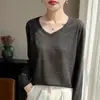 Estilo Básico 2026 Primavera/Verano Camiseta Fina de Manga Larga con Cuello en V para Mujer, Blanca Holgada Tejida Adelgazante Camiseta Base Camiseta Top