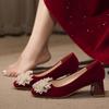 2025 Novos Sapatos de Casamento Primavera e Verão Xiuhe Vestido de Casamento Sapatos de Noiva Salto Alto Strass Vermelho Salto Grosso Sapatos de Vestido Mulheres