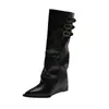 Botas largas retro para motocicleta con hebilla de cinturón, botines de cuña de otoño con punta fina para mujer, tela de moda ajustada