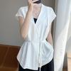 2025 Nuevo Verano Tencel Algodón y Lino Camisa Cárdigan de Cuello en V Manga Corta para Mujer Color Puro con Cordones Top Versátil Holgado
