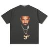 Camiseta de manga curta com estampa de cabeça grande Drake retrô estilo americano com gola redonda de algodão pesado lavado com capuz
