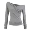 Pure Lust Design Camiseta Plisada de Hombro Inclinado de Manga Larga 2025 Otoño Nueva Moda Slim Sexy Top Sexy