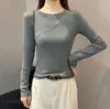 Camiseta Negra de Cuello Redondo y Manga Larga Ludao Story con Puntadas Diagonales para Mujer, Diseño Ajustado para Primavera y Otoño, Camiseta Básica Versátil