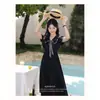 Vestido negro estilo colegial para mujer, talla grande, para chicas con sobrepeso, cintura con lazo, adelgazante, elegante, rejuvenecedor, cintura ceñida, falda larga
