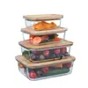 Contenedor de Almacenamiento de Alimentos de Vidrio Engrosado Resistente al Calor con Tapa de Madera de Bambú, Hermético, Apto para Microondas, para Cocinar al Vapor y Cocinar Alimentos, Fiambrera de Vidrio