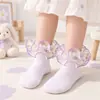 Novas meias de dança infantis com estampa floral, fofas e com acabamento em renda, meias de algodão respiráveis estilo princesa para meninas, atacado