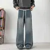 Jeans masculino da moda de rua, corte desconstruído, caimento solto, emagrecedor, calças compridas casuais retrô simples europeias, algodão azul e preto