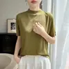 Novedad Primavera/Verano 2026 para Mujer, Holgado, Color Liso, Corto, Cuello Alto, Sencillo, Perezoso, Manga Corta, Tejido Base de Manga Corta