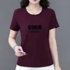 Produto de luxo de alta qualidade~Camiseta feminina de manga curta, novo modelo 2025 com estampa de letras brancas, versátil e que afina a silhueta, adequada para mulheres de meia-idade