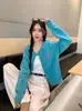 Cardigan de Tricô Azul Marinho Escuro com Bordado de Coração Amoroso Peça de Roupa Externa Feminina Outono Inverno Novo Gola Redonda Macio Grudento Solto Manga Longa Top