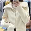 Nuevo abrigo de punto grueso con solapa y doble cremallera para otoño e invierno, top de punto versátil de color liso estilo coreano elegante para mujer