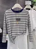 Camiseta estilosa de algodão puro com listras e manga longa para mulheres, versão coreana, moderna e versátil, top que afina a silhueta, camiseta básica para o outono