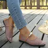 Moda Novo Sapato Rasteira Feminino com Tira de Fivela Única e Malha Vazada, Bico Redondo e Corte Baixo, Sapato Mary Jane de Renda para Mulheres