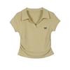 Camiseta Polo Rosa Girly Dulce y Picante de Algodón con Hilo, Manga Corta, Hombro Derecho, Cuello con Lazo Bordado, Cintura Fruncida