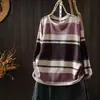 Outono 2026 Novo Estilo Vintage Listrado Color Block Suéter de Malha Desgastado Pulôver Solto Gola Redonda com MHT