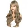 Peruca europeia e americana de cabeça inteira para mulheres, cabelo preto longo e ondulado com franja, aplique de cabeça inteira de fibra de alta temperatura