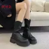 Botas Martin Versáteis Marrons de Solado Grosso para Mulheres 2026 Inverno Novas Botas Chelsea Slim Botas de Cano Médio com Forro de Lã